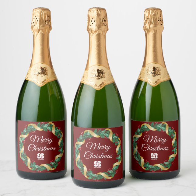 Red Christmas Wreath Custom Company Logo Party Sparkling Wine Label (Bottles)