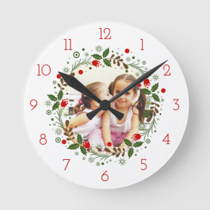 Red Christmas wreath floral holiday photo Round Clock