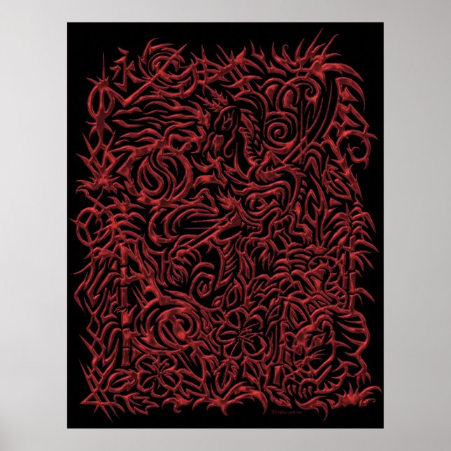 Red Chrome Oriental Tribal Tattoo Poster (Front)