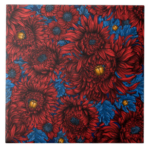 Red chrysanthemum flowers and orange beetles ceramic tile