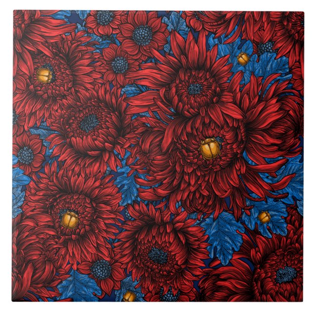 Red chrysanthemum flowers and orange beetles ceramic tile (Front)
