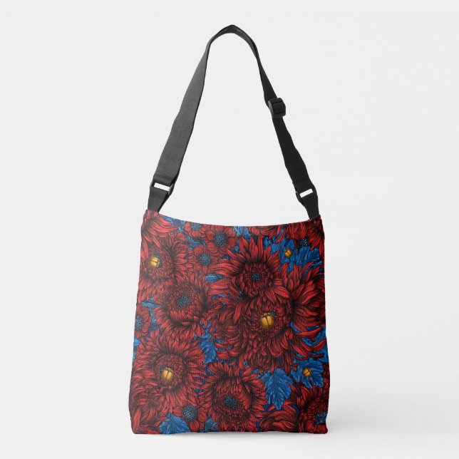 Red chrysanthemum flowers and orange beetles crossbody bag (Front)