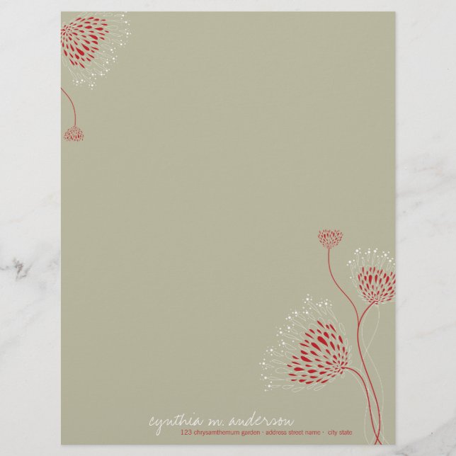Red Chrysanthemum Flowers Elegant Chic Floral Personalised Letterhead (Front)