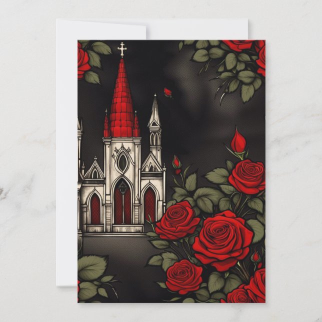 Red Church and Roses Gothic Elegance Wedding Invitation (Front)