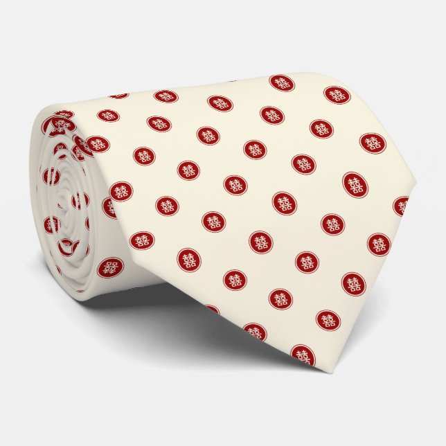 Red Circle Double Happiness Chinese Wedding Tie (Rolled)