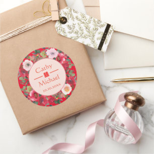 Red circle floral wreath modern Chinese wedding Classic Round Sticker