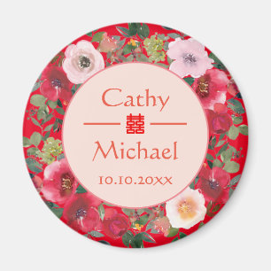 Red circle floral wreath modern Chinese wedding Magnet