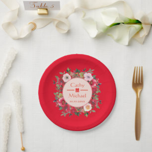 Red circle floral wreath modern Chinese wedding Paper Plate