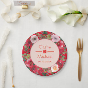 Red circle floral wreath modern Chinese wedding Paper Plate