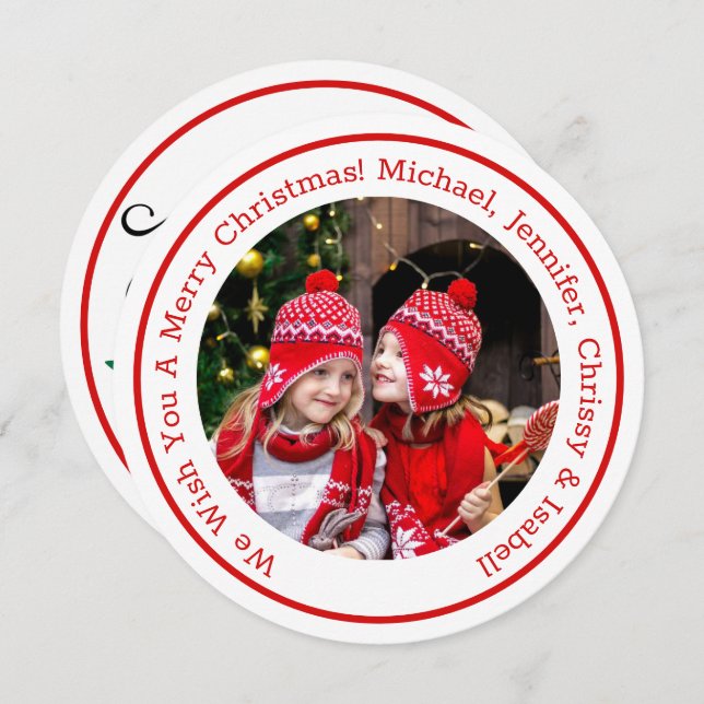 Red Circle Photo Add Message & Names Christmas Holiday Card (Front/Back)