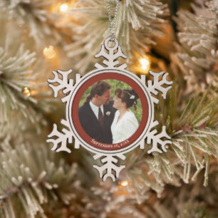 Red Circle Photo Frame to Personalise Snowflake Pewter Christmas Ornament
