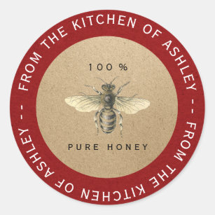 Red Circular 100%Homemade Honey Kitchen Kraft Bee Classic Round Sticker
