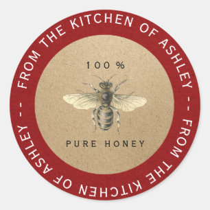 Red Circular 100%Homemade Honey Kitchen Kraft Bee Classic Round Sticker