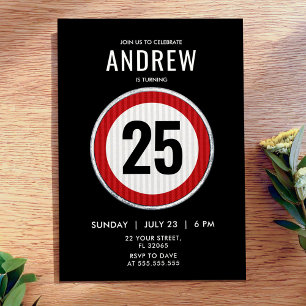 Red circular road sign with custom age birthday invitation