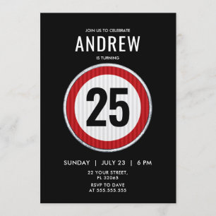Red circular road sign with custom age birthday invitation