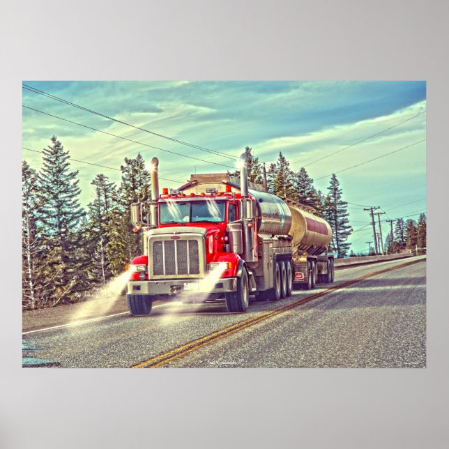 Red Cistern Truck - Lorry and Highway Art Poster (Front)