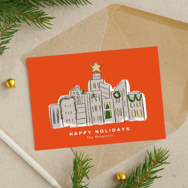 Red City Skyline Corporate Christmas Card (Red City Skyline Illustration Corporate Christmas Card)