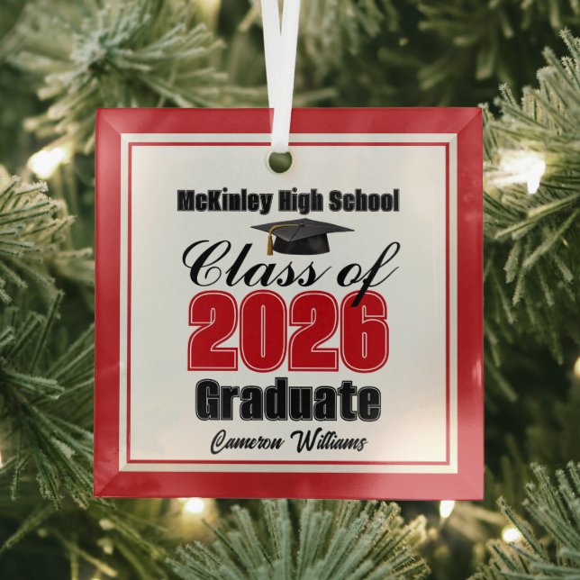 Red Class of 2026 Graduation Custom Christmas Glass Tree Decoration (Insitu)