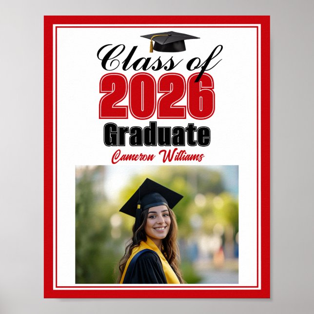Red Class of 2026 Photo Custom Graduation Party Poster (Front)