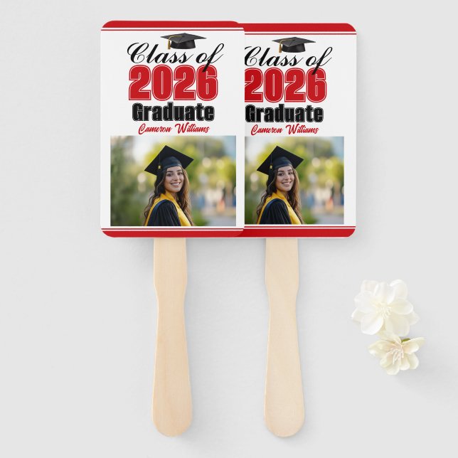 Red Class of 2026 Photo Custom Graduation Photo Hand Fan (Front and Back)