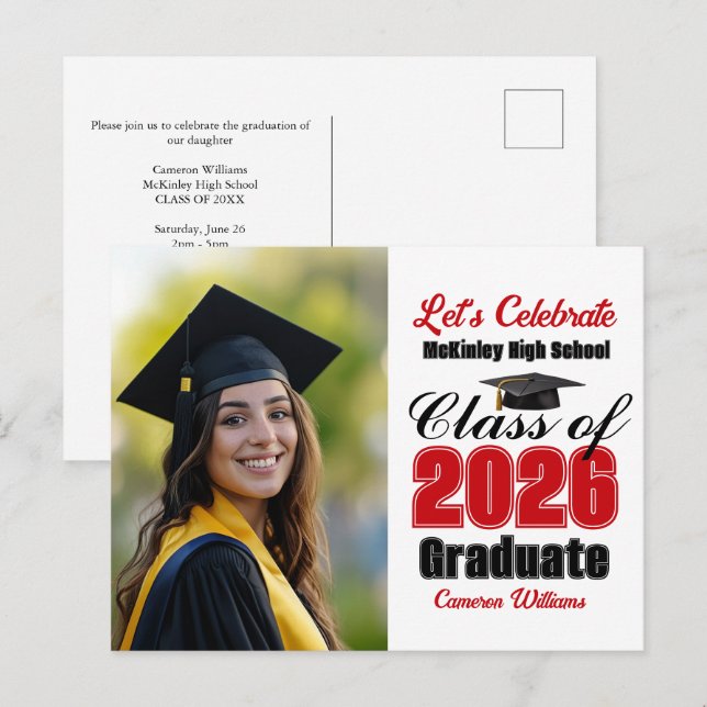 Red Class of 2026 Photo Graduation Party Invitation Postcard (Front/Back)