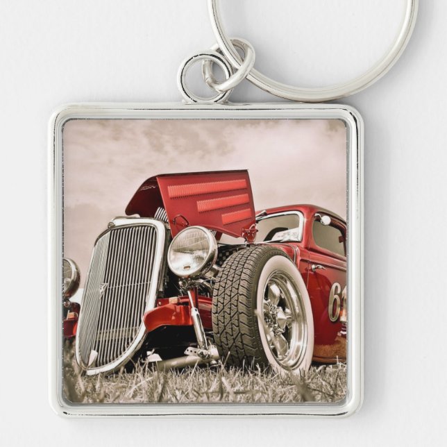 Red classic antique car car mechanics collectors key ring (Front)