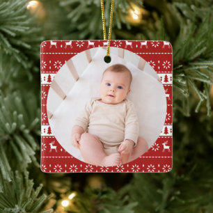 Red Classic Baby Christmas Photo Ceramic Ornament