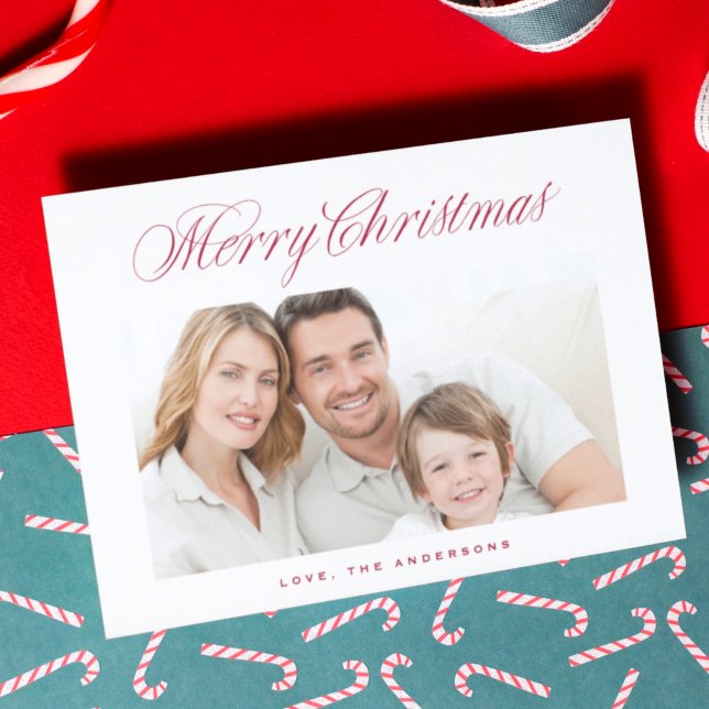 Red Classic Calligraphy Merry Christmas Photo Holiday Card (Creator Uploaded)