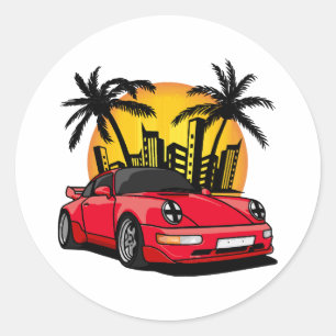 Red Classic Carrera in City Sunset Round Sticker