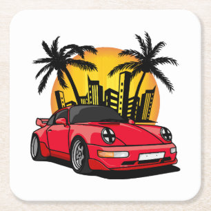 Red Classic Carrera in City Sunset Square Paper Coaster