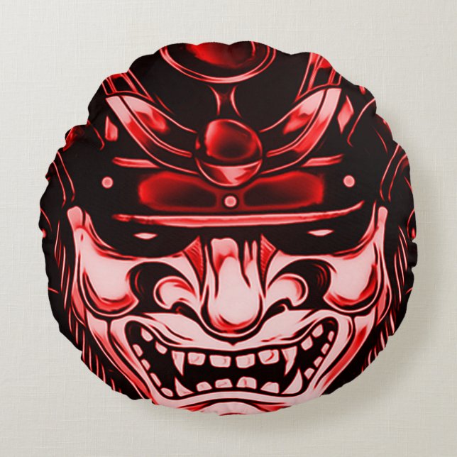 Red Classic Demon Samurai Mask Round Pillow (Front)