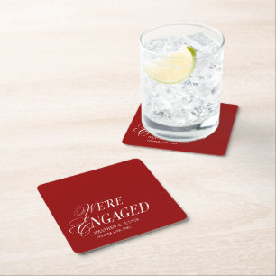 Red  Classic Formal Elegant We're Engaged Square Paper Coaster