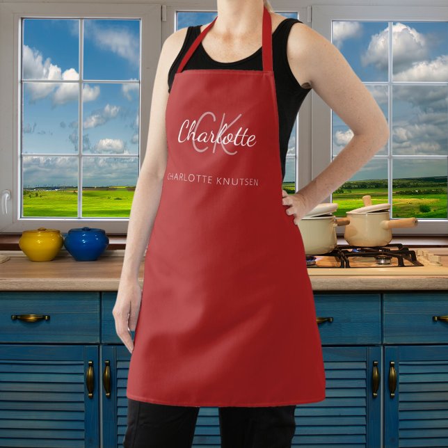 Red classic monogram name business  apron (Creator Uploaded)