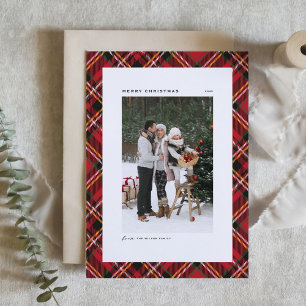 Red Classic Plaid Pattern Photo Merry Christmas Holiday Card