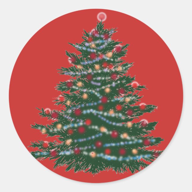 Red Classic Round Sticker, Glossy Holiday Tree Sticker (Front)