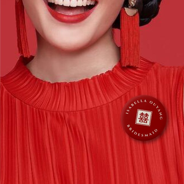Red Classic Square Double Xi Chinese Wedding Party 6 Cm Round Badge (BRIDESMAID Red Classic Square Double Happiness Chinese Wedding Party Pin Button @ fatfatin_red_knot)