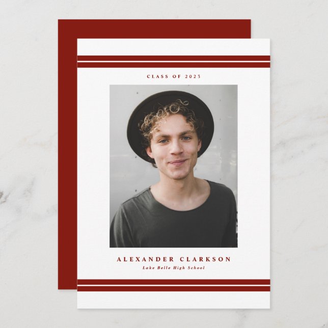 Red Classic Stripes Modern Photo Graduation Announcement (Front/Back)