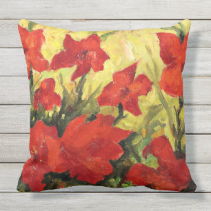 Red Clematis, Bold Red Floral Painting Outdoor Cushion