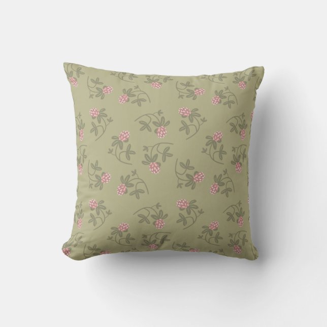 Red clover pattern earth green pink cushion (Front)