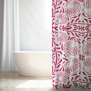 Red Coastal Sheashell Coral Modern Beach House Shower Curtain