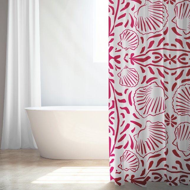 Red Coastal Sheashell Coral Modern Beach House Shower Curtain (Red Coastal Sheashell Coral Modern Beach House Shower Curtain)