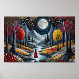 Red coat child exploring whimsical forest at night poster