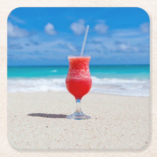Red Cocktail by the Sea Photo Square Paper Coaster (Front)