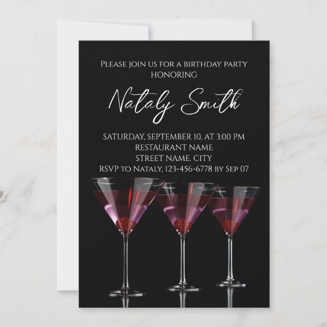 Red cocktails in martini glass with cherry invitation (Front)