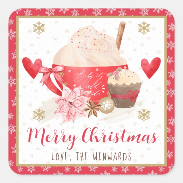 Red Cocoa & Cupcake Merry Christmas Square Sticker (Front)