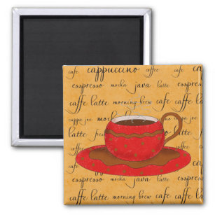 Red Coffee Cup Art on Gold Script Words Magnet
