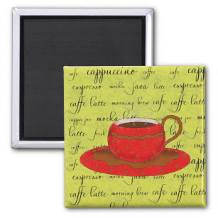 Red Coffee Cup Art on Lime Green Script Words Magnet
