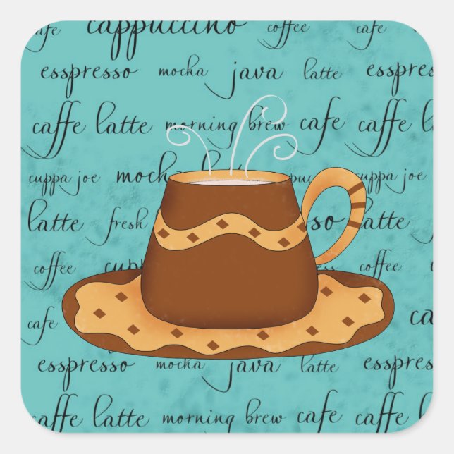 Red Coffee Cup Art on  Turquoise Script Words Square Sticker (Front)