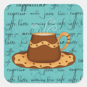 Red Coffee Cup Art on  Turquoise Script Words Square Sticker