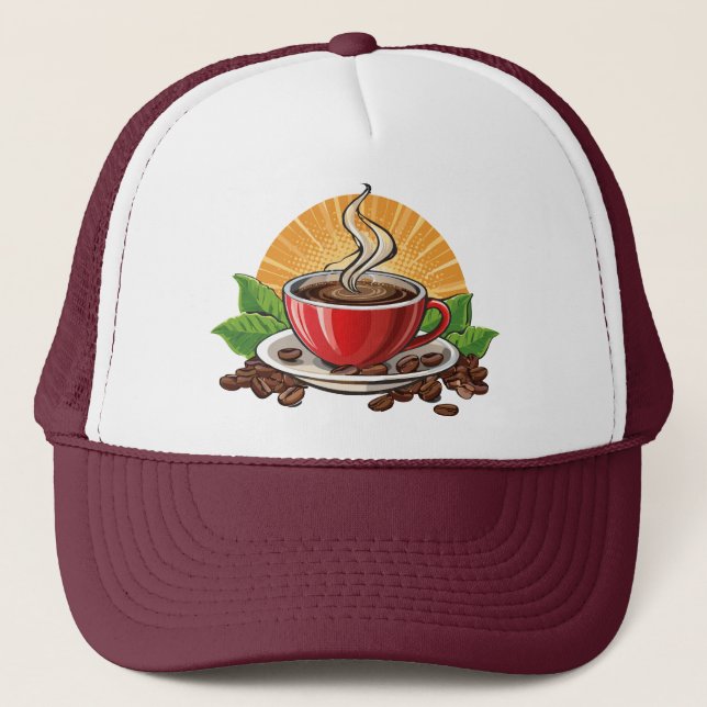 Red coffee cup trucker hat (Front)